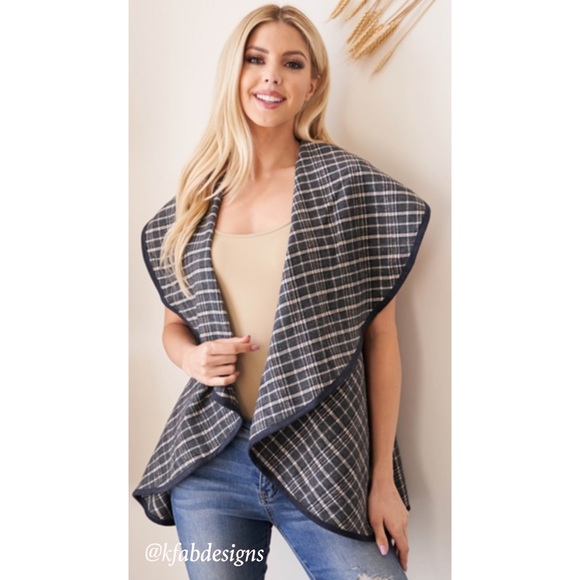 DARK CHARCOAL AND TAN BEAUTIFUL CHECKERED VEST WITH FAUX LEATHER PIPING! - Picture 7 of 9